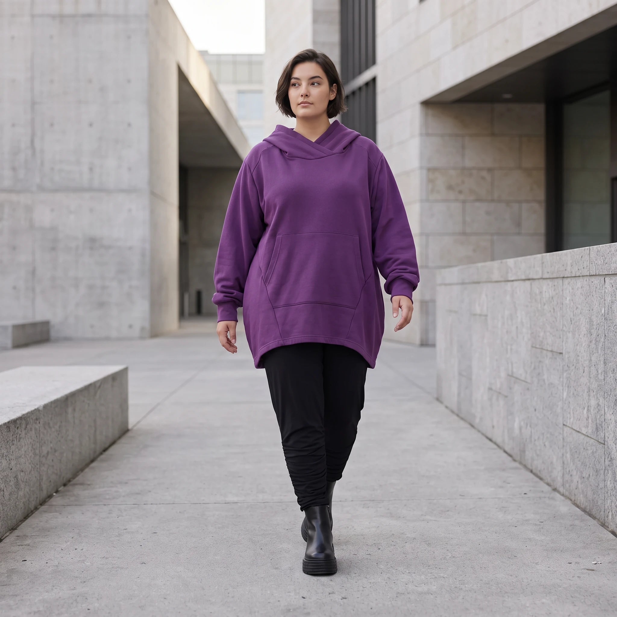 Damen Hoody Avantgarde Baumwolle Lila, gerundeter Schnitt, 7/8-Arm, Kapuze, Oversize große Größen – Rafay