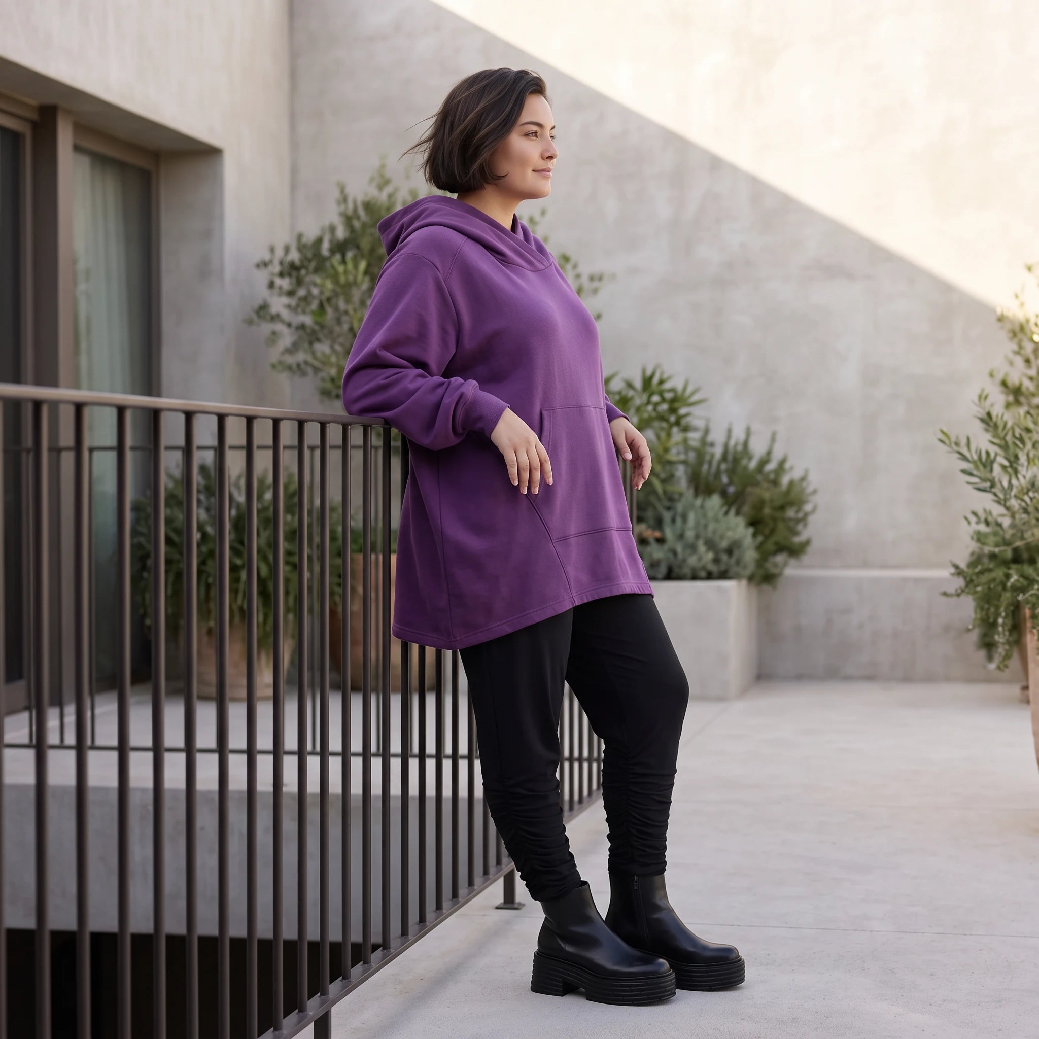Damen Hoody Avantgarde Baumwolle Lila, gerundeter Schnitt, 7/8-Arm, Kapuze, Oversize große Größen – Rafay