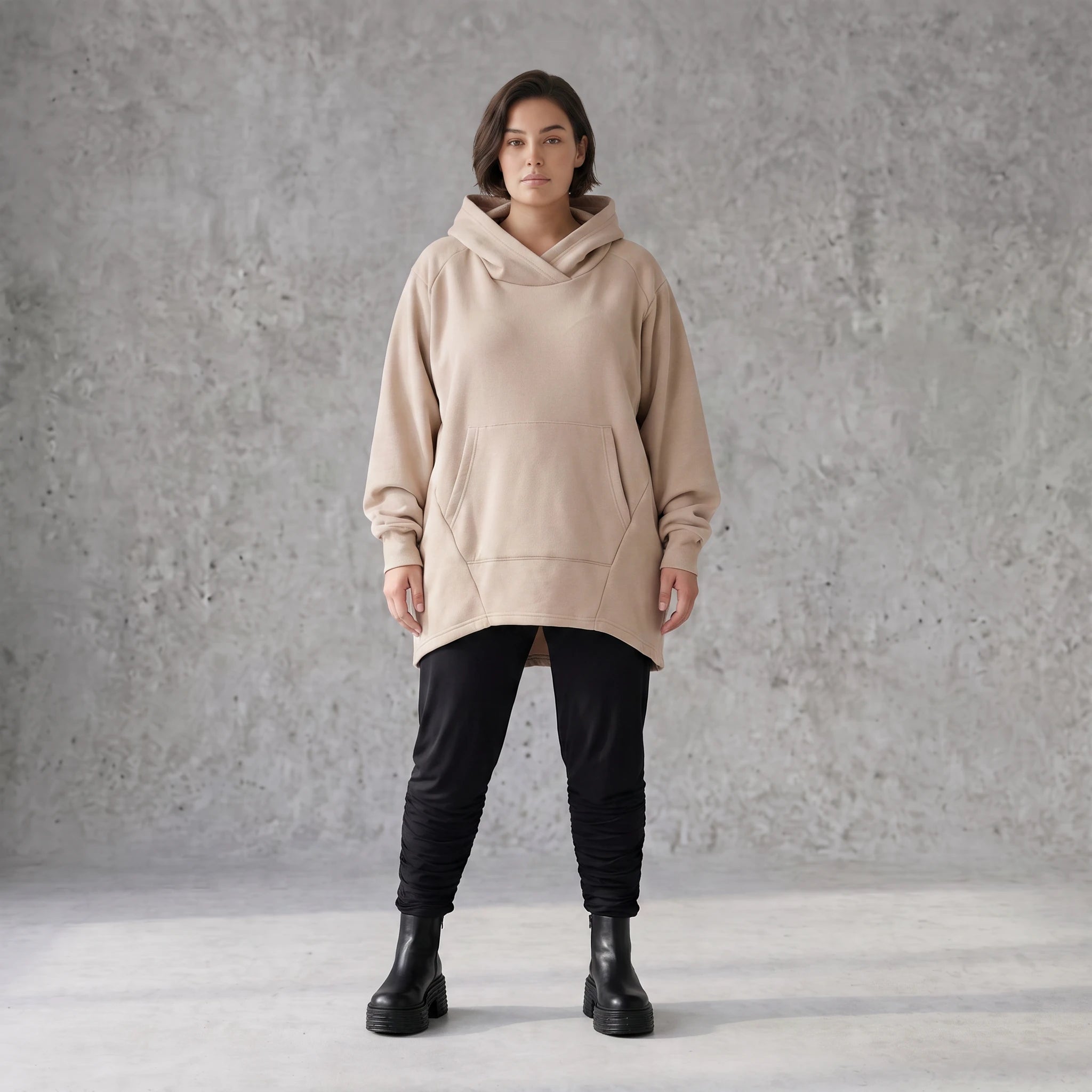 Damen Hoody Avantgarde Baumwolle Sand, gerundeter Schnitt, 7/8-Arm, Kapuze, Oversize große Größen – Rafay
