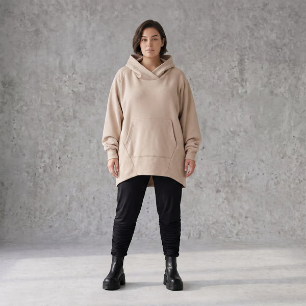 Damen Hoody Avantgarde Baumwolle Sand, gerundeter Schnitt, 7/8-Arm, Kapuze, Oversize große Größen – Rafay
