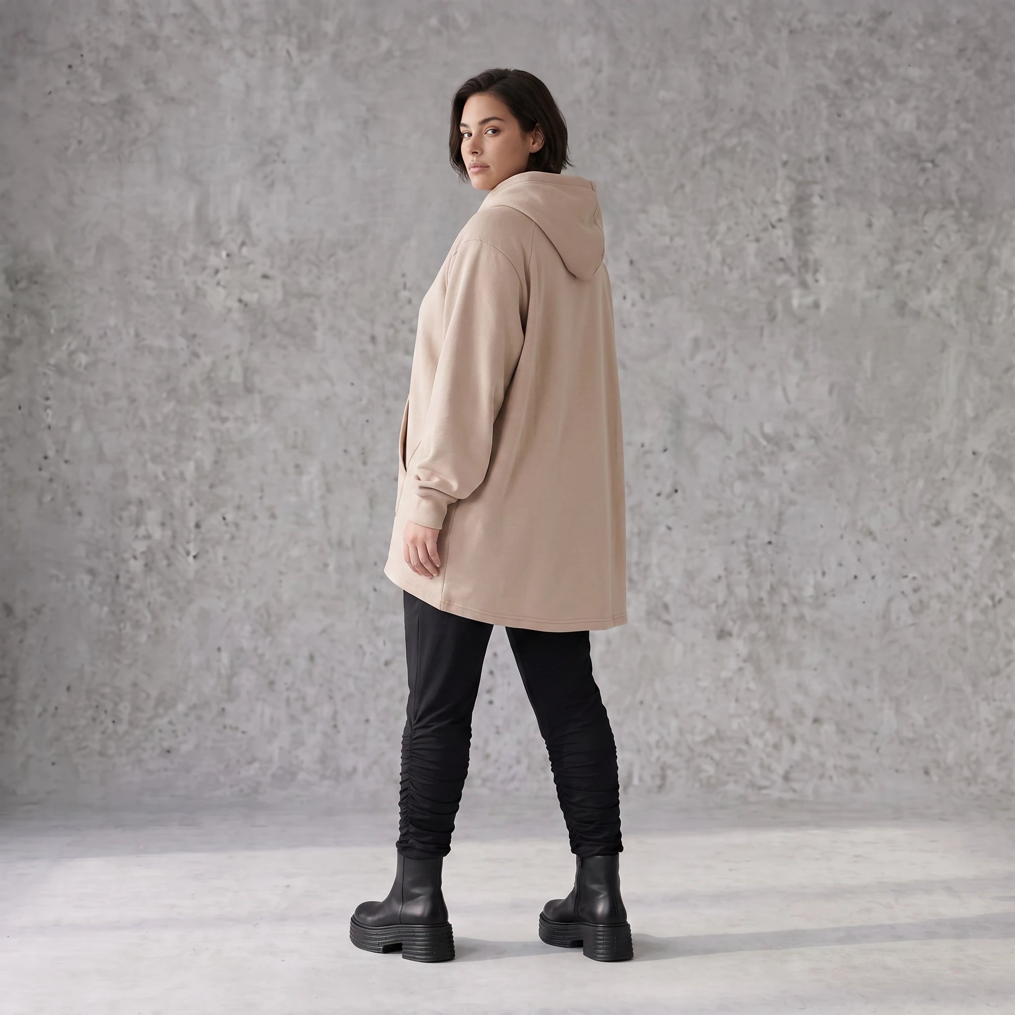 Damen Hoody Avantgarde Baumwolle Sand, gerundeter Schnitt, 7/8-Arm, Kapuze, Oversize große Größen – Rafay