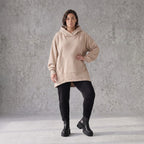 Damen Hoody Avantgarde Baumwolle Sand, gerundeter Schnitt, 7/8-Arm, Kapuze, Oversize große Größen – Rafay