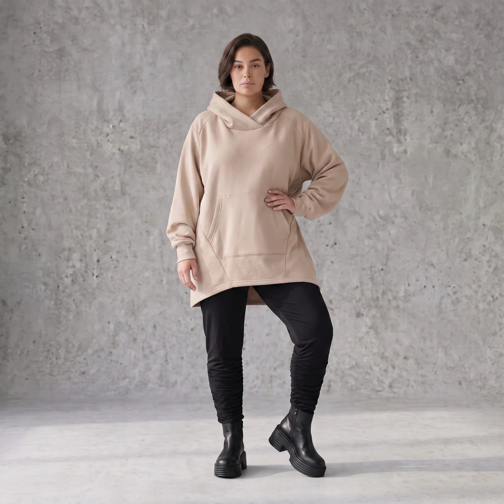 Damen Hoody Avantgarde Baumwolle Sand, gerundeter Schnitt, 7/8-Arm, Kapuze, Oversize große Größen – Rafay