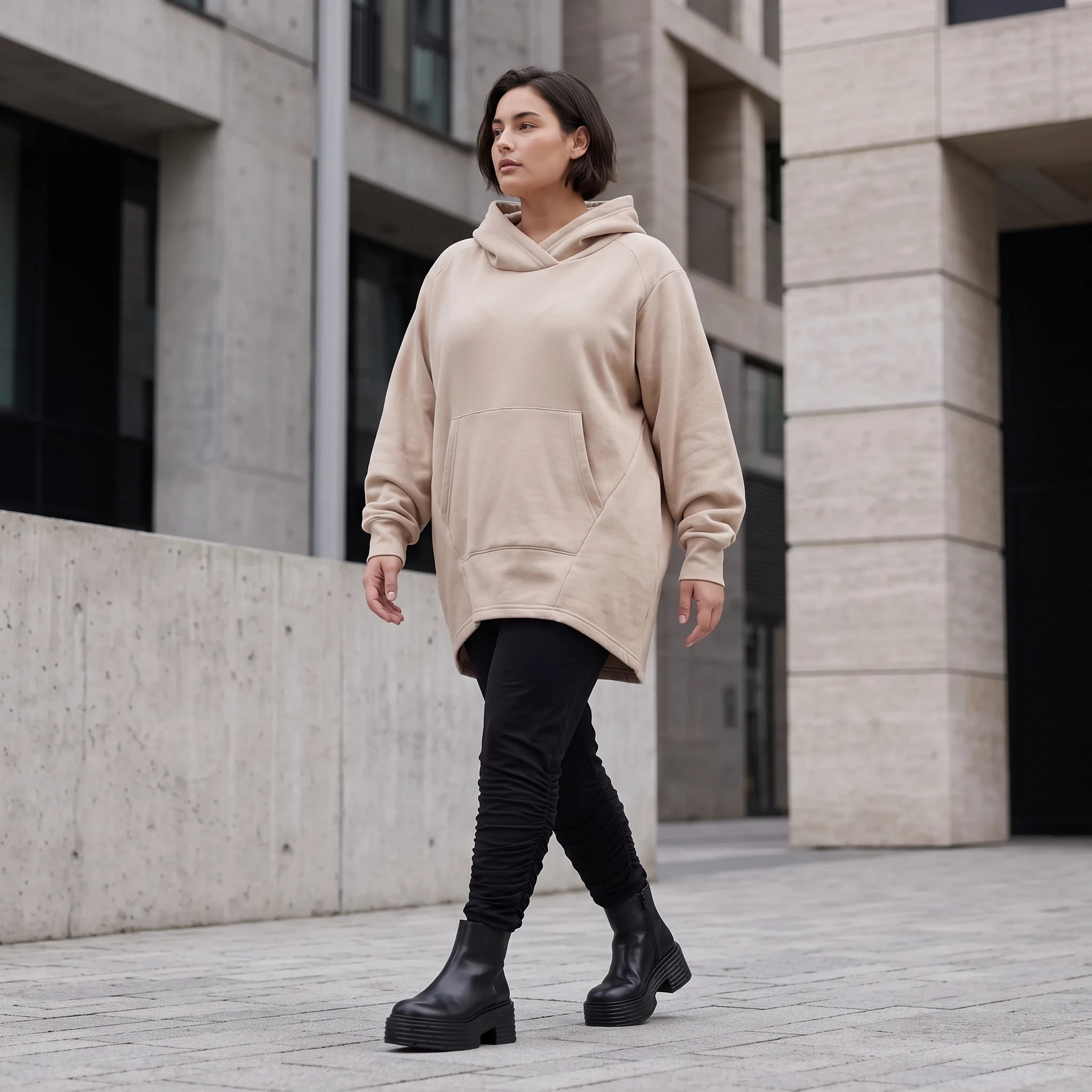 Damen Hoody Avantgarde Baumwolle Sand, gerundeter Schnitt, 7/8-Arm, Kapuze, Oversize große Größen – Rafay