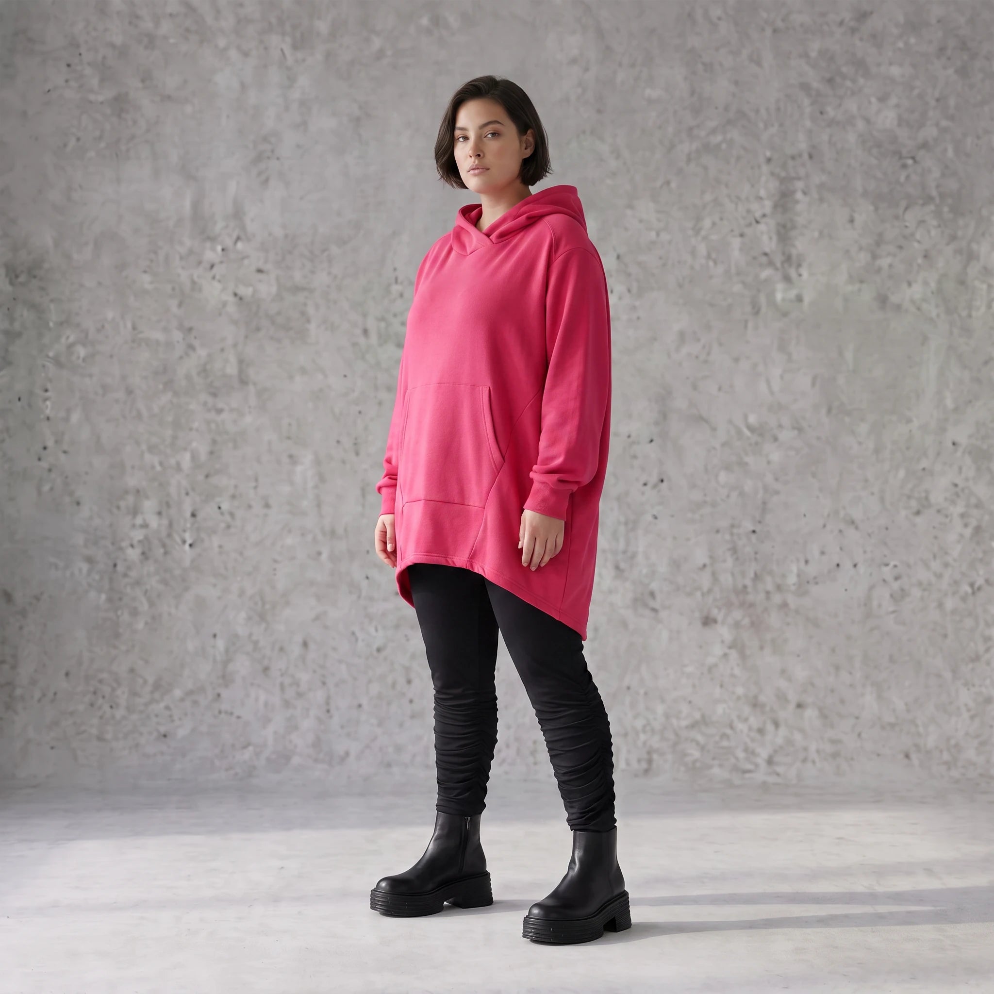 Damen Hoody Avantgarde Baumwolle Pink, gerundeter Schnitt, Kapuze, Oversize große Größen – Rafay