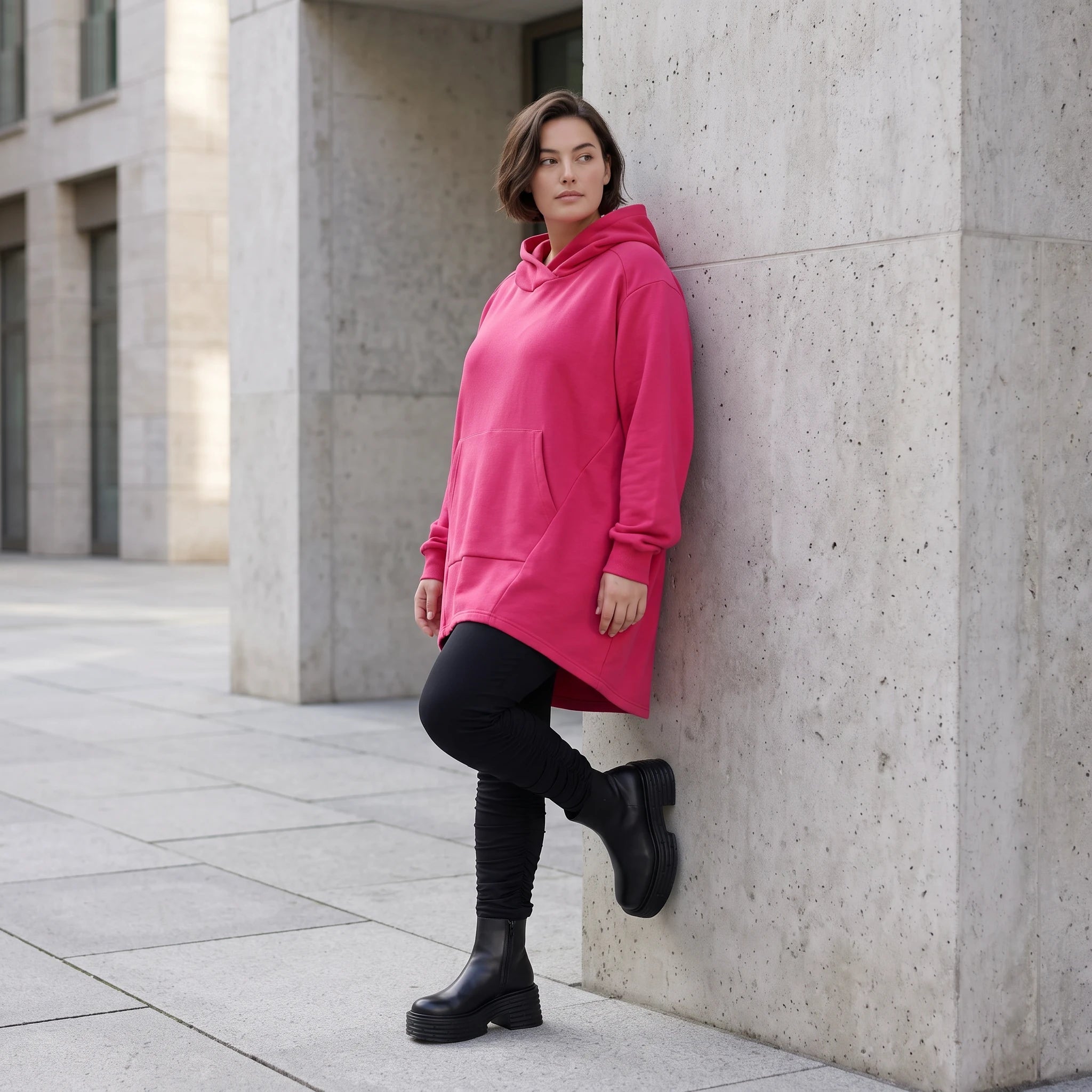 Damen Hoody Avantgarde Baumwolle Pink, gerundeter Schnitt, Kapuze, Oversize große Größen – Rafay