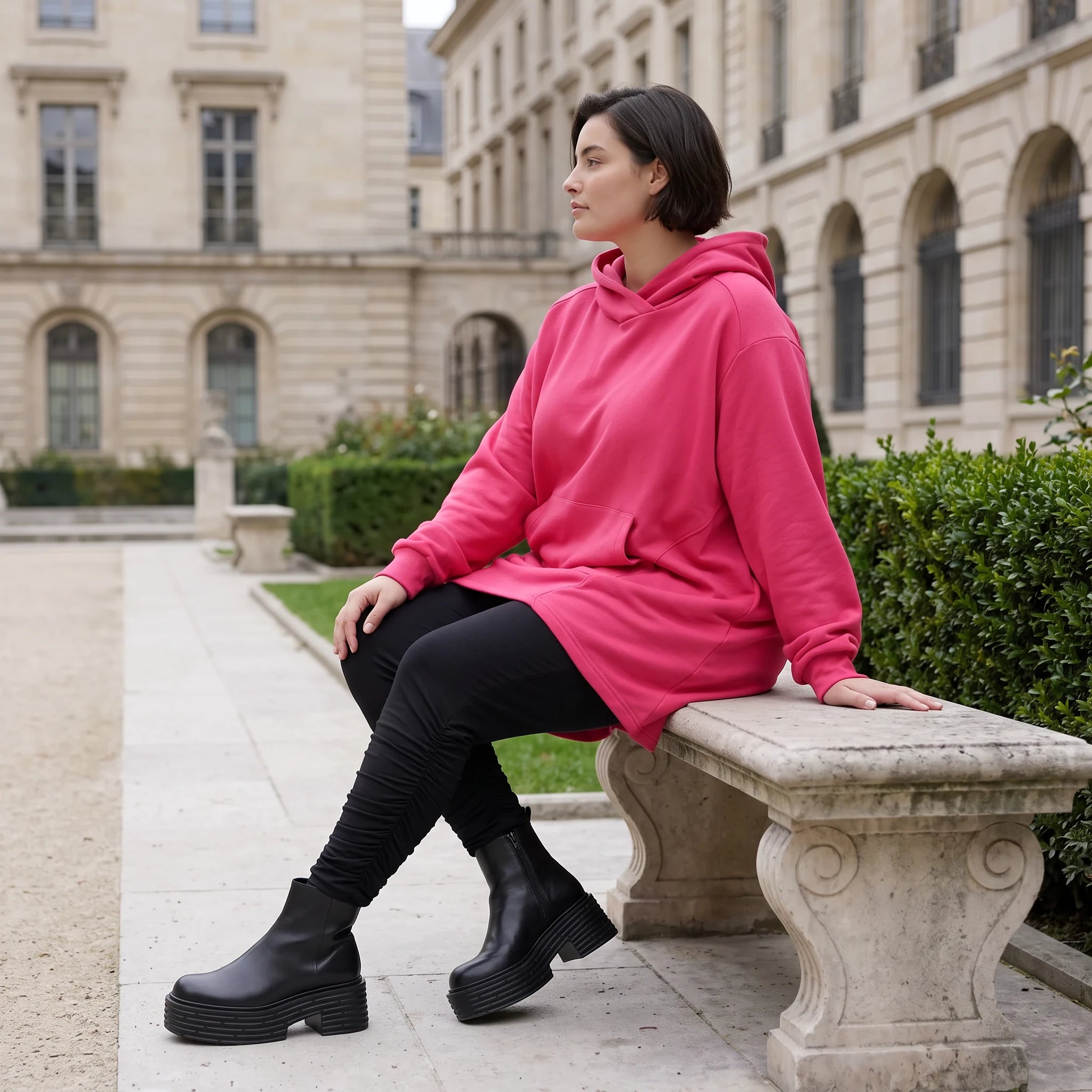 Damen Hoody Avantgarde Baumwolle Pink, gerundeter Schnitt, Kapuze, Oversize große Größen – Rafay