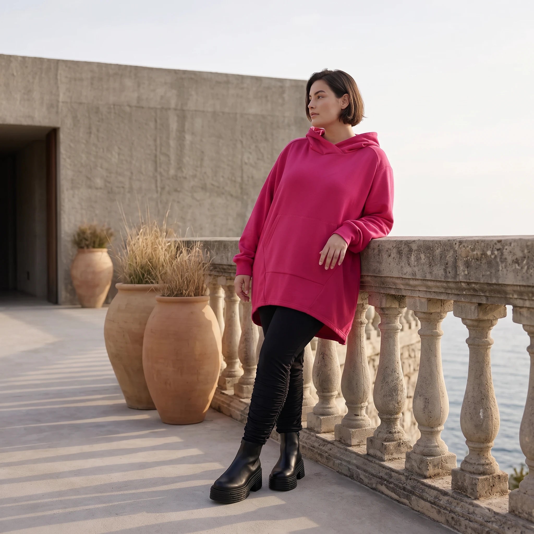 Damen Hoody Avantgarde Baumwolle Pink, gerundeter Schnitt, Kapuze, Oversize große Größen – Rafay