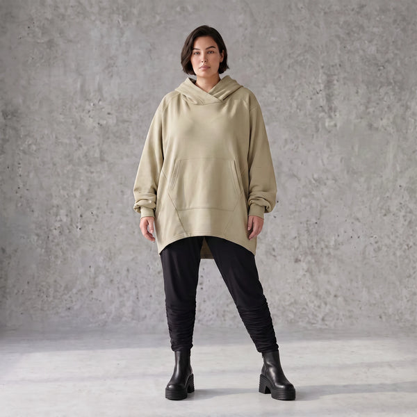 Damen Hoody Avantgarde Baumwolle Beige, gerundeter Schnitt, 7/8-Arm, Kapuze, Oversize große Größen – Rafay