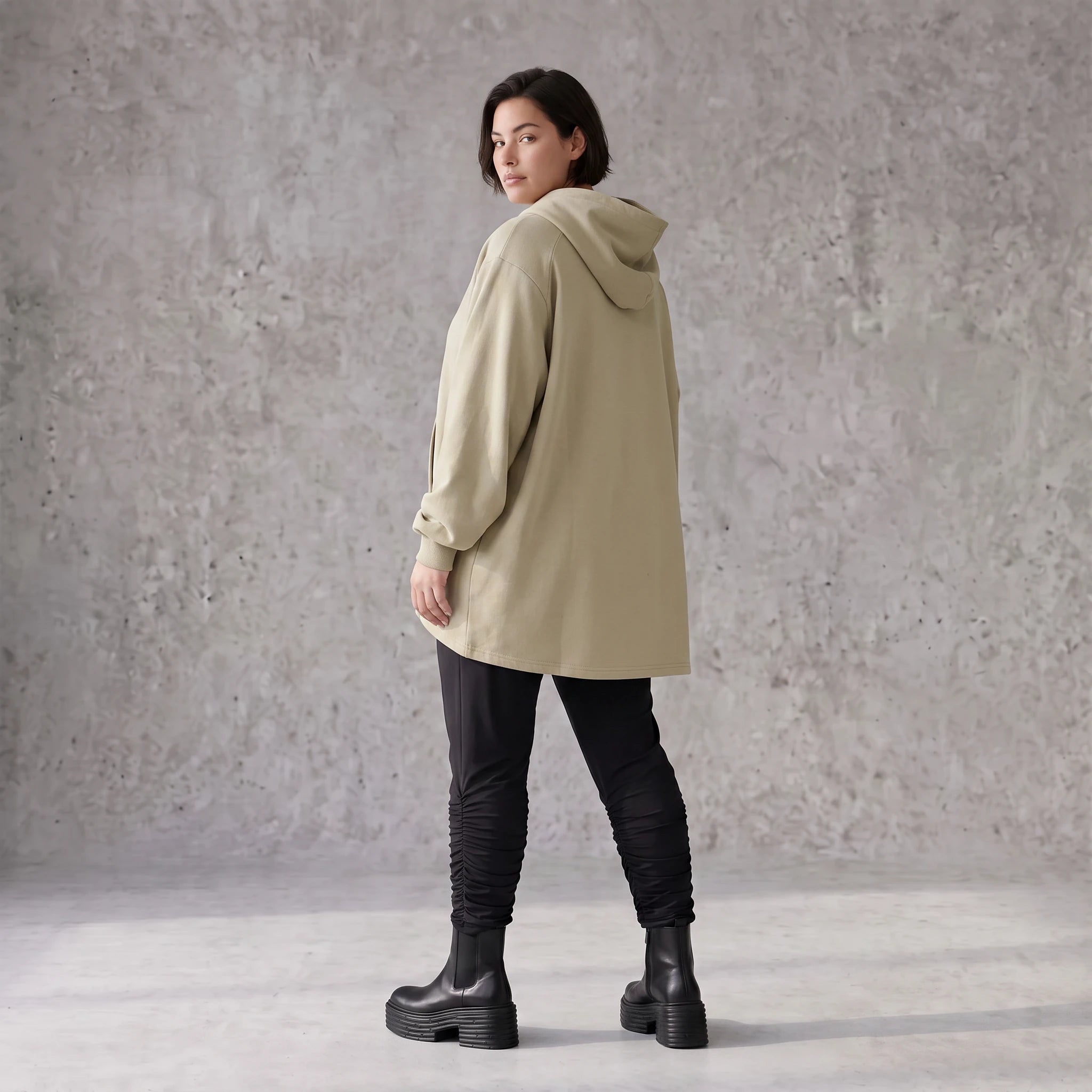 Damen Hoody Avantgarde Baumwolle Beige, gerundeter Schnitt, 7/8-Arm, Kapuze, Oversize große Größen – Rafay