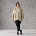 Damen Hoody Avantgarde Baumwolle Beige, gerundeter Schnitt, 7/8-Arm, Kapuze, Oversize große Größen – Rafay