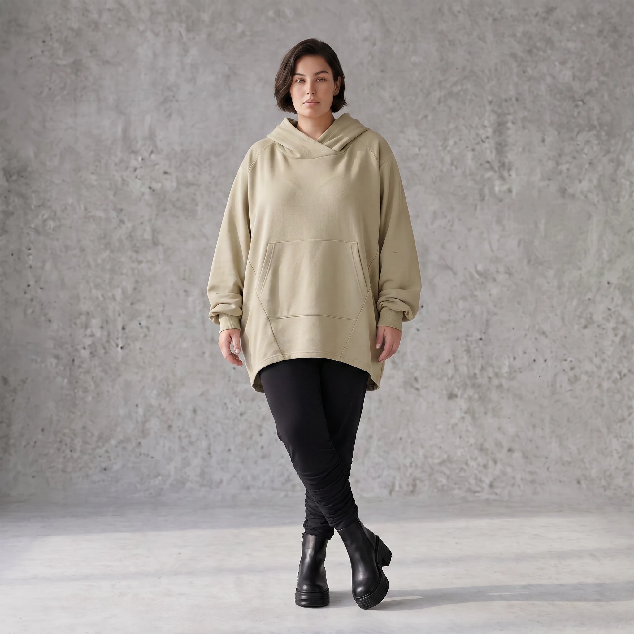 Damen Hoody Avantgarde Baumwolle Beige, gerundeter Schnitt, 7/8-Arm, Kapuze, Oversize große Größen – Rafay