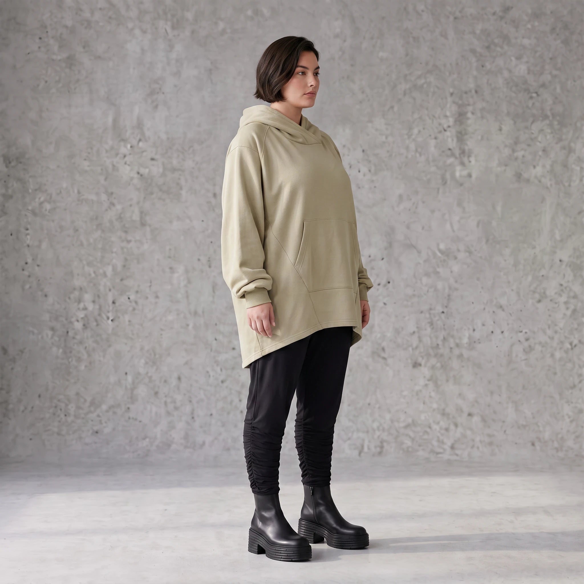 Damen Hoody Avantgarde Baumwolle Beige, gerundeter Schnitt, 7/8-Arm, Kapuze, Oversize große Größen – Rafay