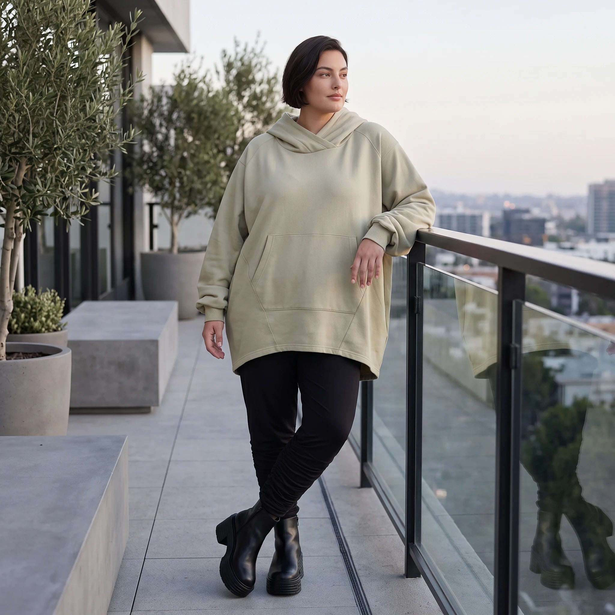 Damen Hoody Avantgarde Baumwolle Beige, gerundeter Schnitt, 7/8-Arm, Kapuze, Oversize große Größen – Rafay