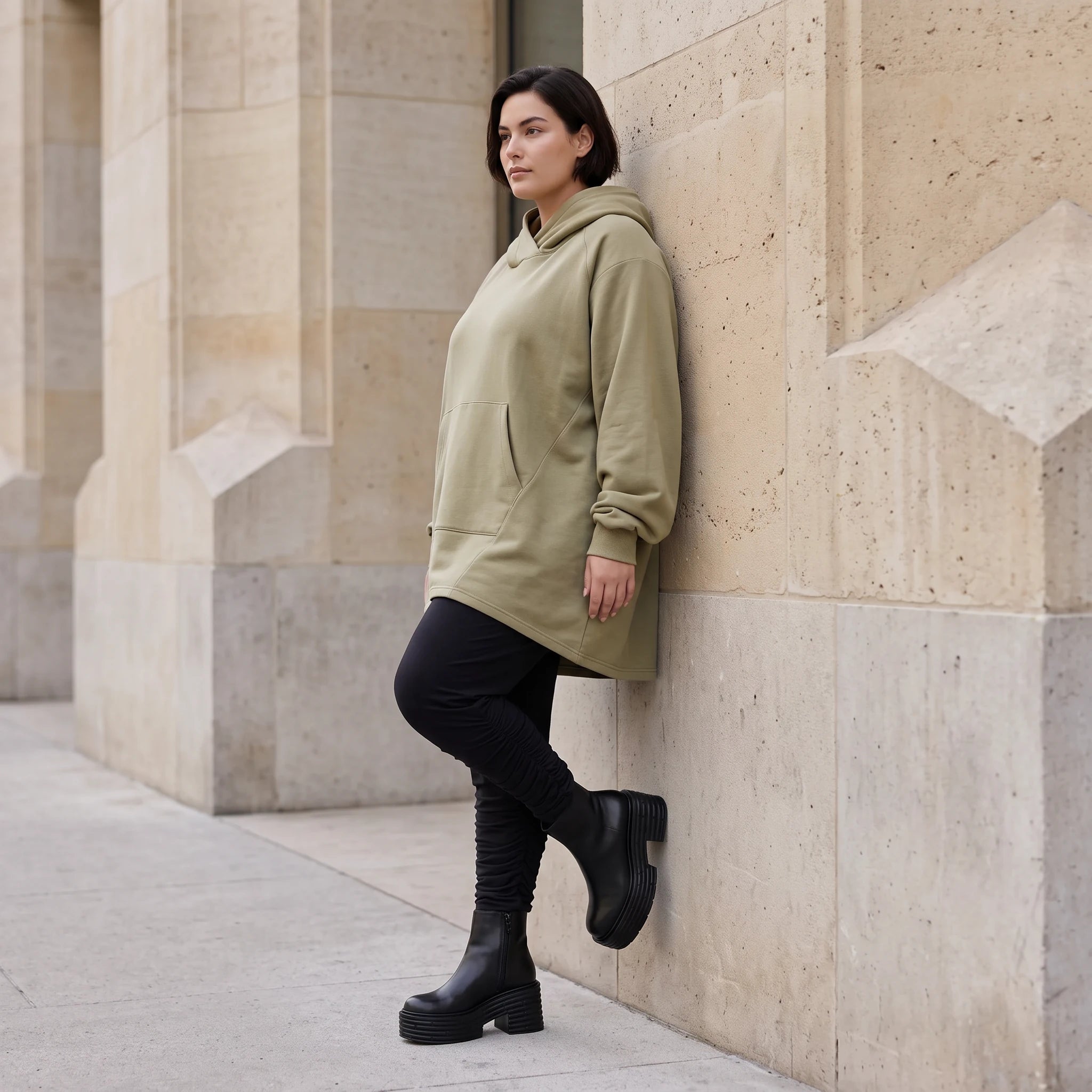 Damen Hoody Avantgarde Baumwolle Beige, gerundeter Schnitt, 7/8-Arm, Kapuze, Oversize große Größen – Rafay