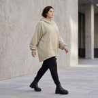 Damen Hoody Avantgarde Baumwolle Beige, gerundeter Schnitt, 7/8-Arm, Kapuze, Oversize große Größen – Rafay