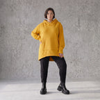 Damen Hoody Avantgarde Baumwolle Senfgelb, gerundeter Schnitt, 7/8-Arm, Kapuze, Oversize große Größen – Rafay