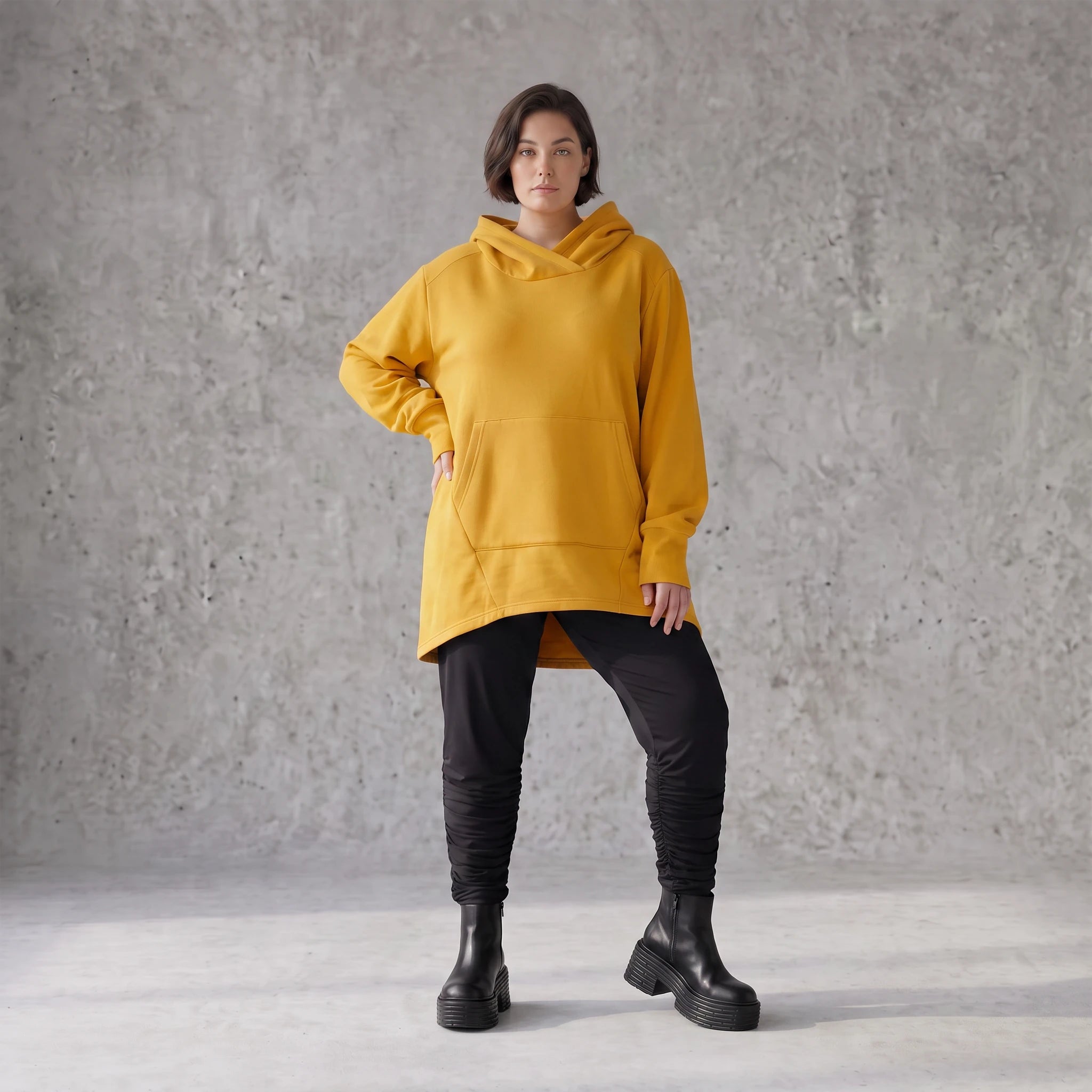 Damen Hoody Avantgarde Baumwolle Senfgelb, gerundeter Schnitt, 7/8-Arm, Kapuze, Oversize große Größen – Rafay