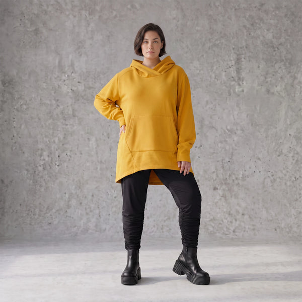 Damen Hoody Avantgarde Baumwolle Senfgelb, gerundeter Schnitt, 7/8-Arm, Kapuze, Oversize große Größen – Rafay