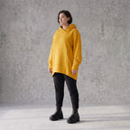 Damen Hoody Avantgarde Baumwolle Senfgelb, gerundeter Schnitt, 7/8-Arm, Kapuze, Oversize große Größen – Rafay