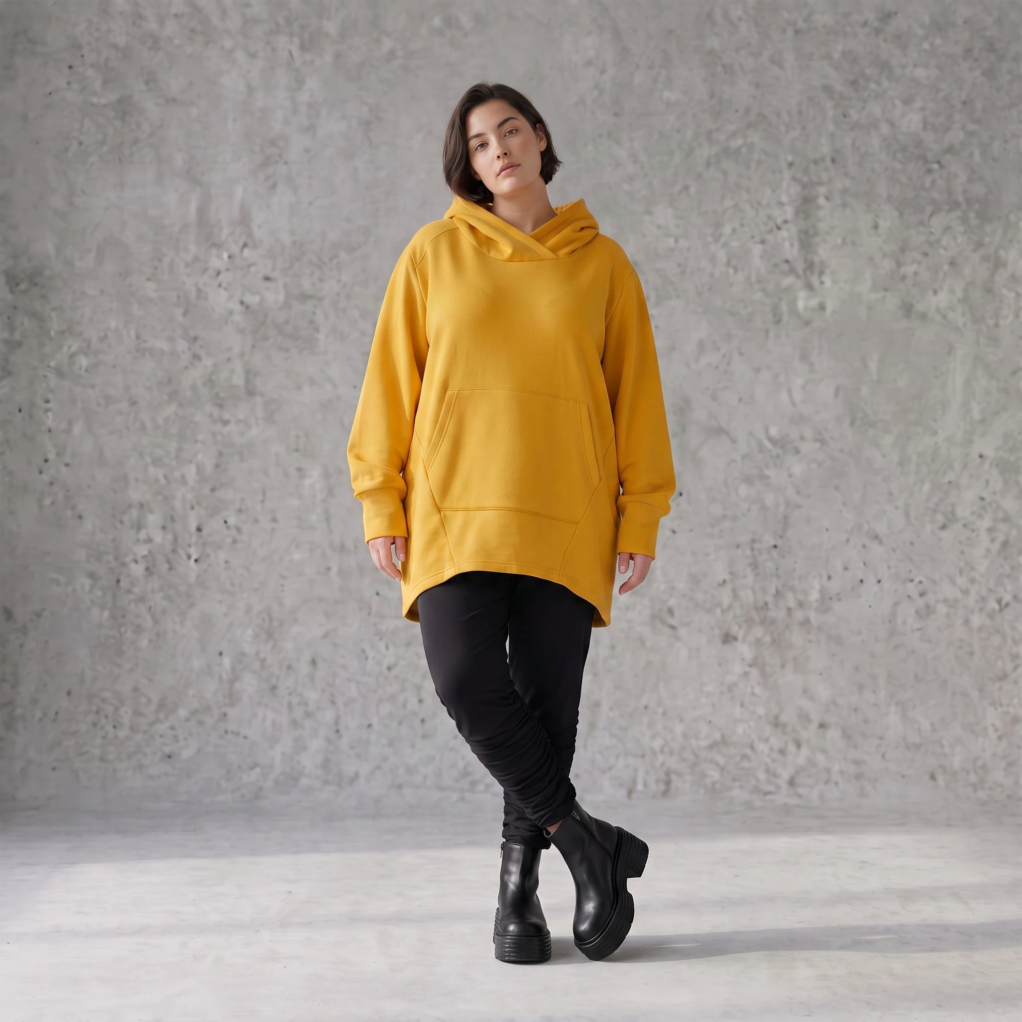 Damen Hoody Avantgarde Baumwolle Senfgelb, gerundeter Schnitt, 7/8-Arm, Kapuze, Oversize große Größen – Rafay