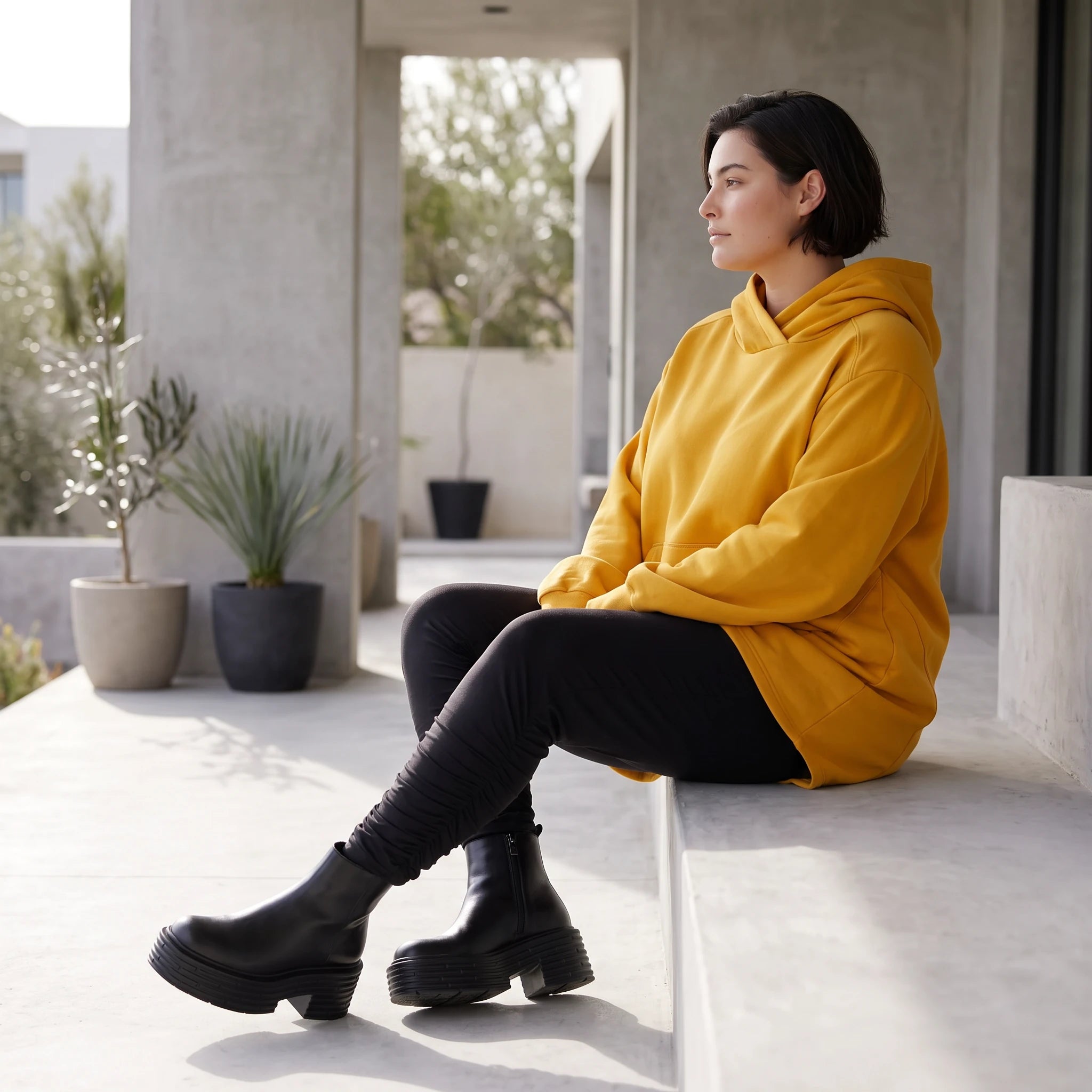 Damen Hoody Avantgarde Baumwolle Senfgelb, gerundeter Schnitt, 7/8-Arm, Kapuze, Oversize große Größen – Rafay