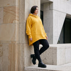 Damen Hoody Avantgarde Baumwolle Senfgelb, gerundeter Schnitt, 7/8-Arm, Kapuze, Oversize große Größen – Rafay