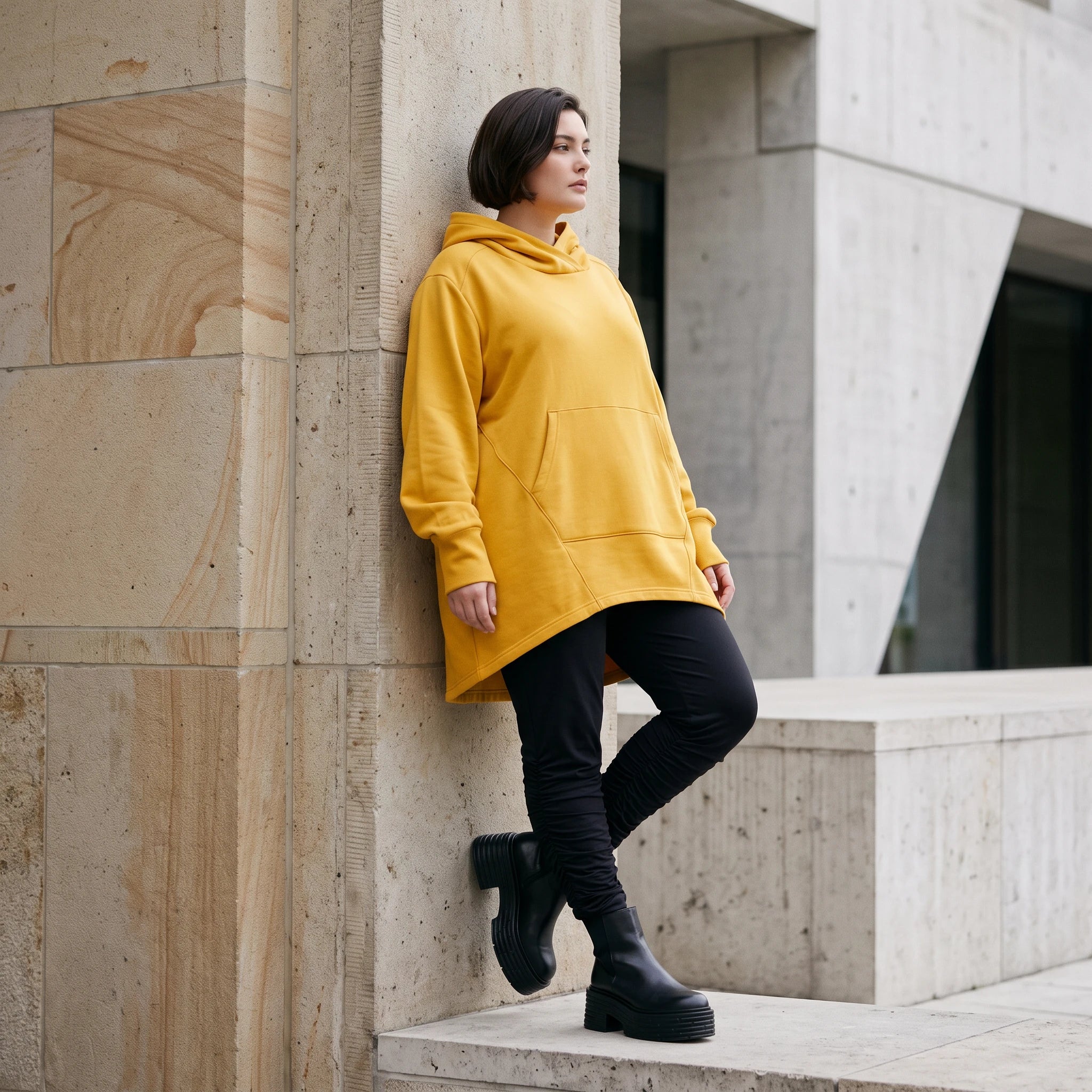 Damen Hoody Avantgarde Baumwolle Senfgelb, gerundeter Schnitt, 7/8-Arm, Kapuze, Oversize große Größen – Rafay