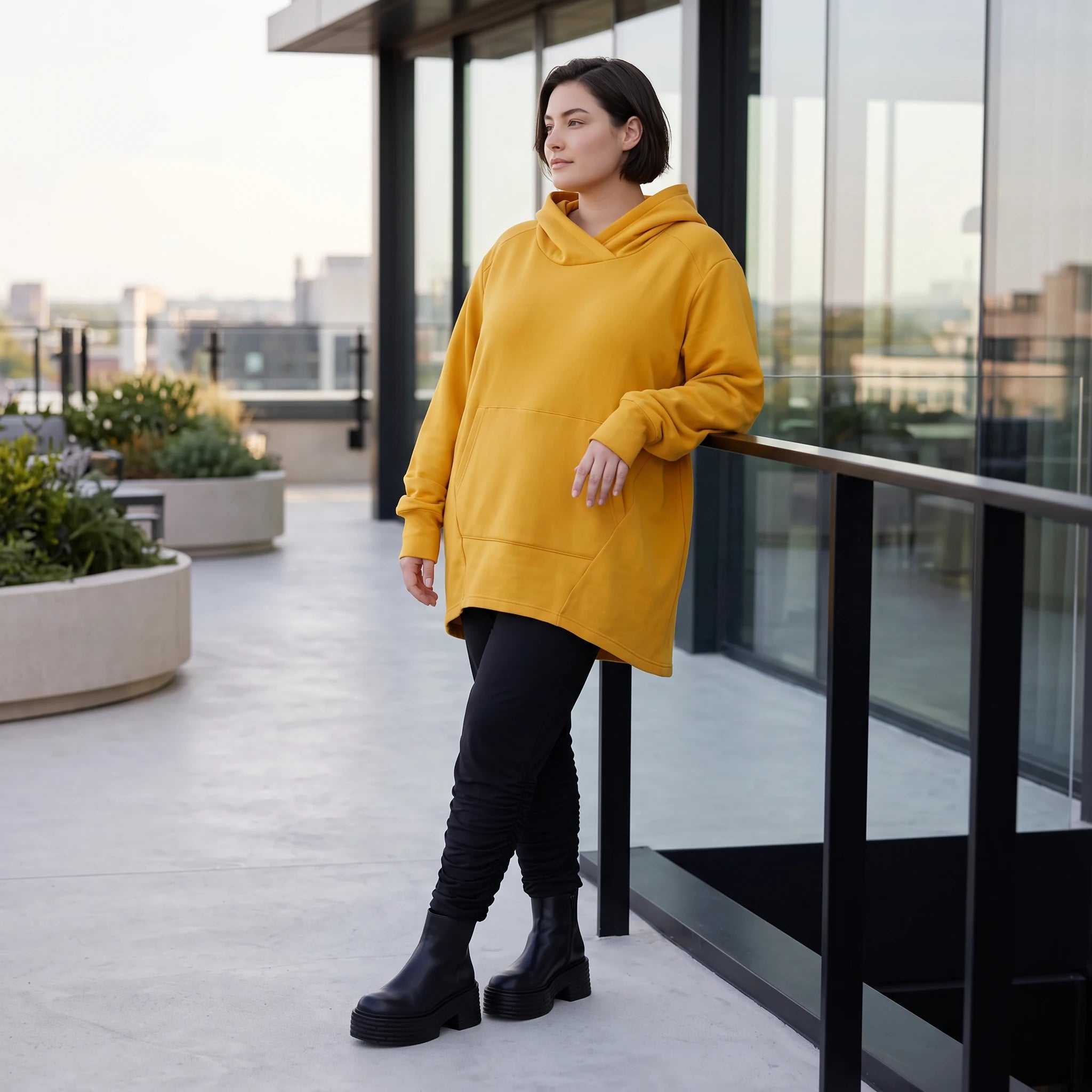 Damen Hoody Avantgarde Baumwolle Senfgelb, gerundeter Schnitt, 7/8-Arm, Kapuze, Oversize große Größen – Rafay