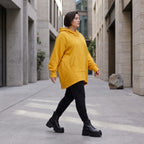 Damen Hoody Avantgarde Baumwolle Senfgelb, gerundeter Schnitt, 7/8-Arm, Kapuze, Oversize große Größen – Rafay