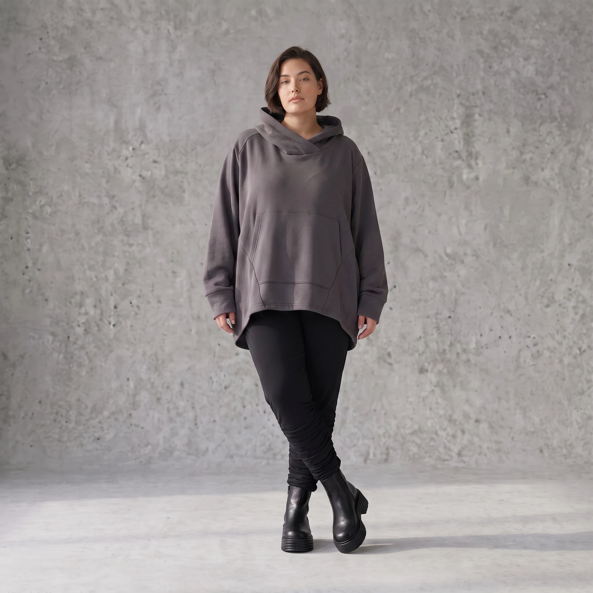 Damen Hoody Avantgarde Baumwolle Dunkelgrau, gerundeter Schnitt, Kapuze, Oversize große Größen – Rafay