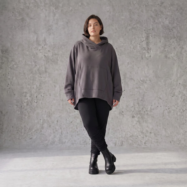 Damen Hoody Avantgarde Baumwolle Dunkelgrau, gerundeter Schnitt, Kapuze, Oversize große Größen – Rafay