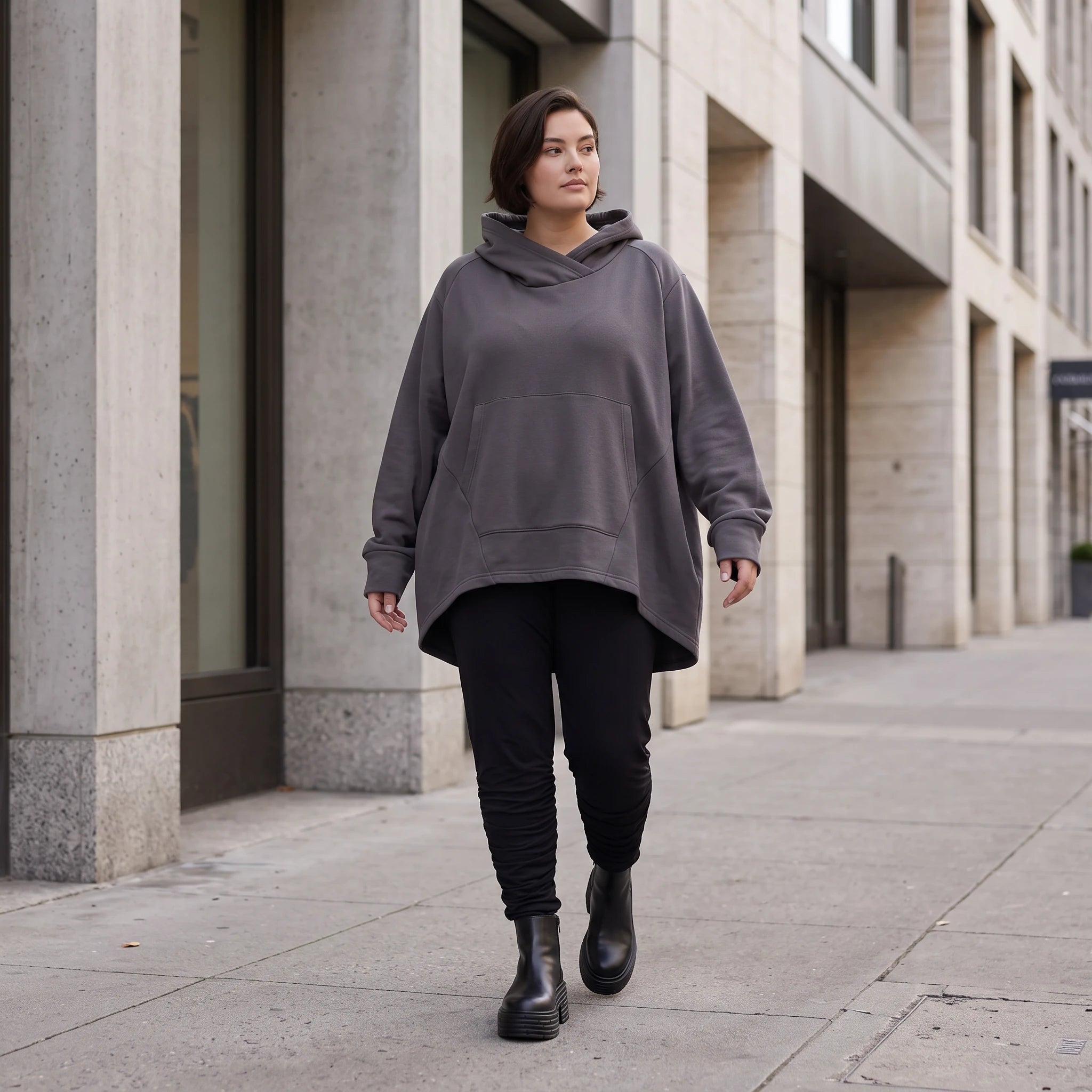 Damen Hoody Avantgarde Baumwolle Dunkelgrau, gerundeter Schnitt, Kapuze, Oversize große Größen – Rafay