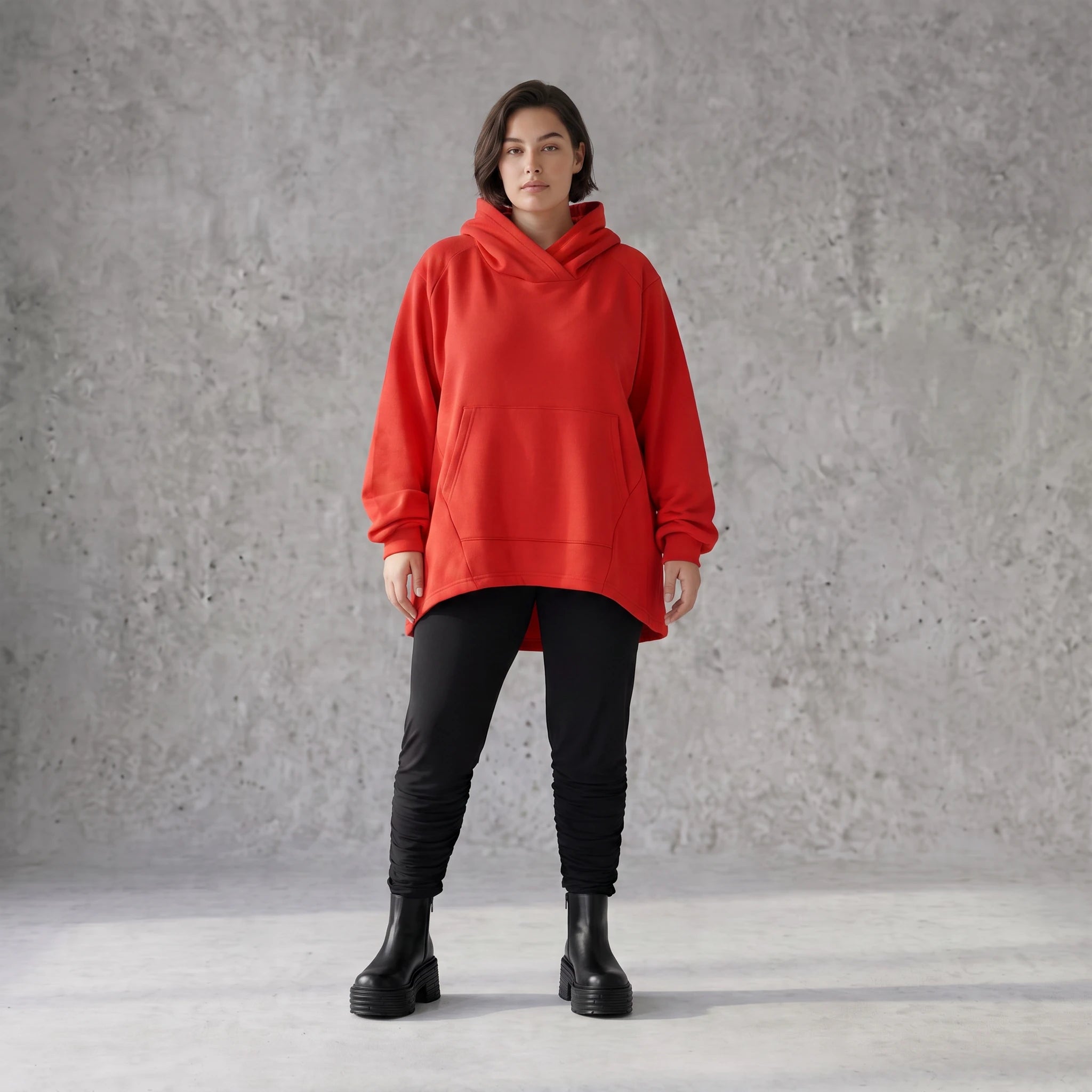 Damen Hoody Avantgarde Baumwolle Rot, gerundeter Schnitt, 7/8-Arm, Kapuze, Oversize große Größen – Rafay