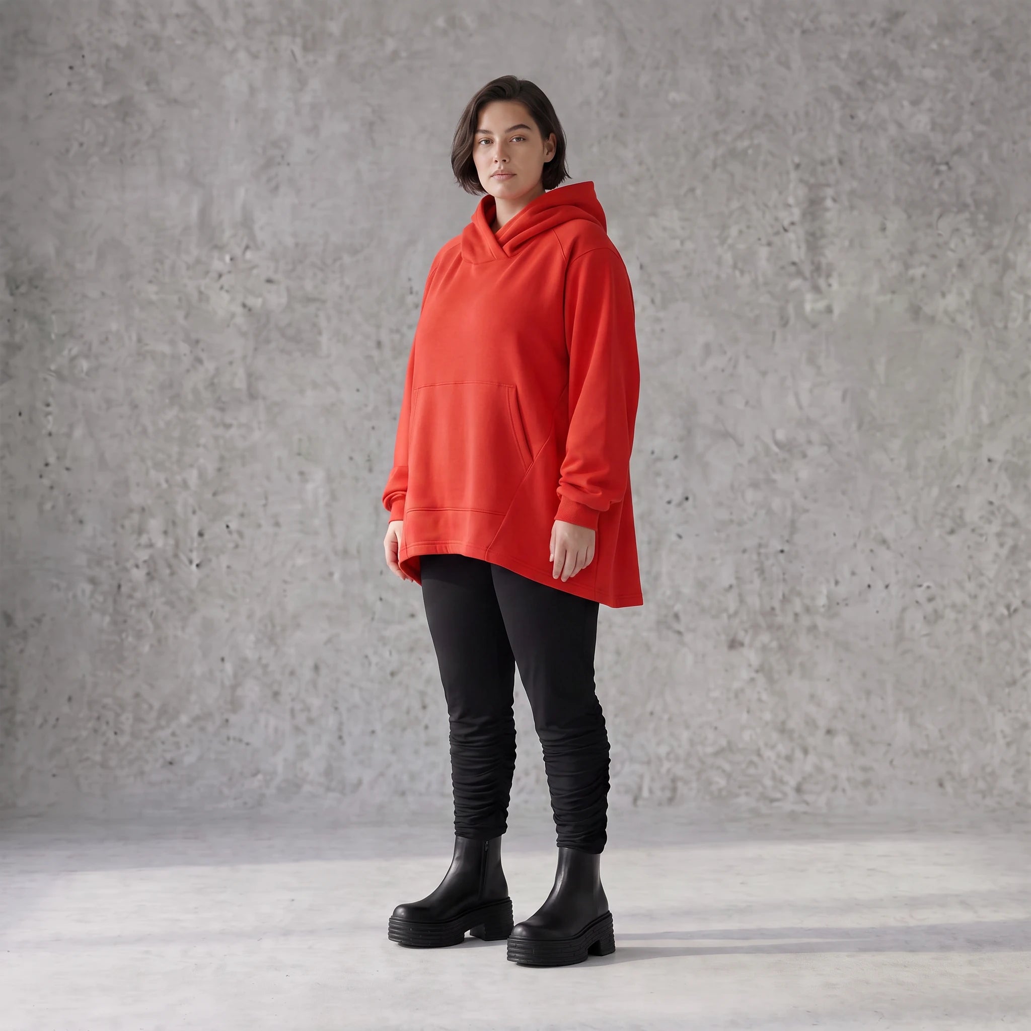 Damen Hoody Avantgarde Baumwolle Rot, gerundeter Schnitt, 7/8-Arm, Kapuze, Oversize große Größen – Rafay