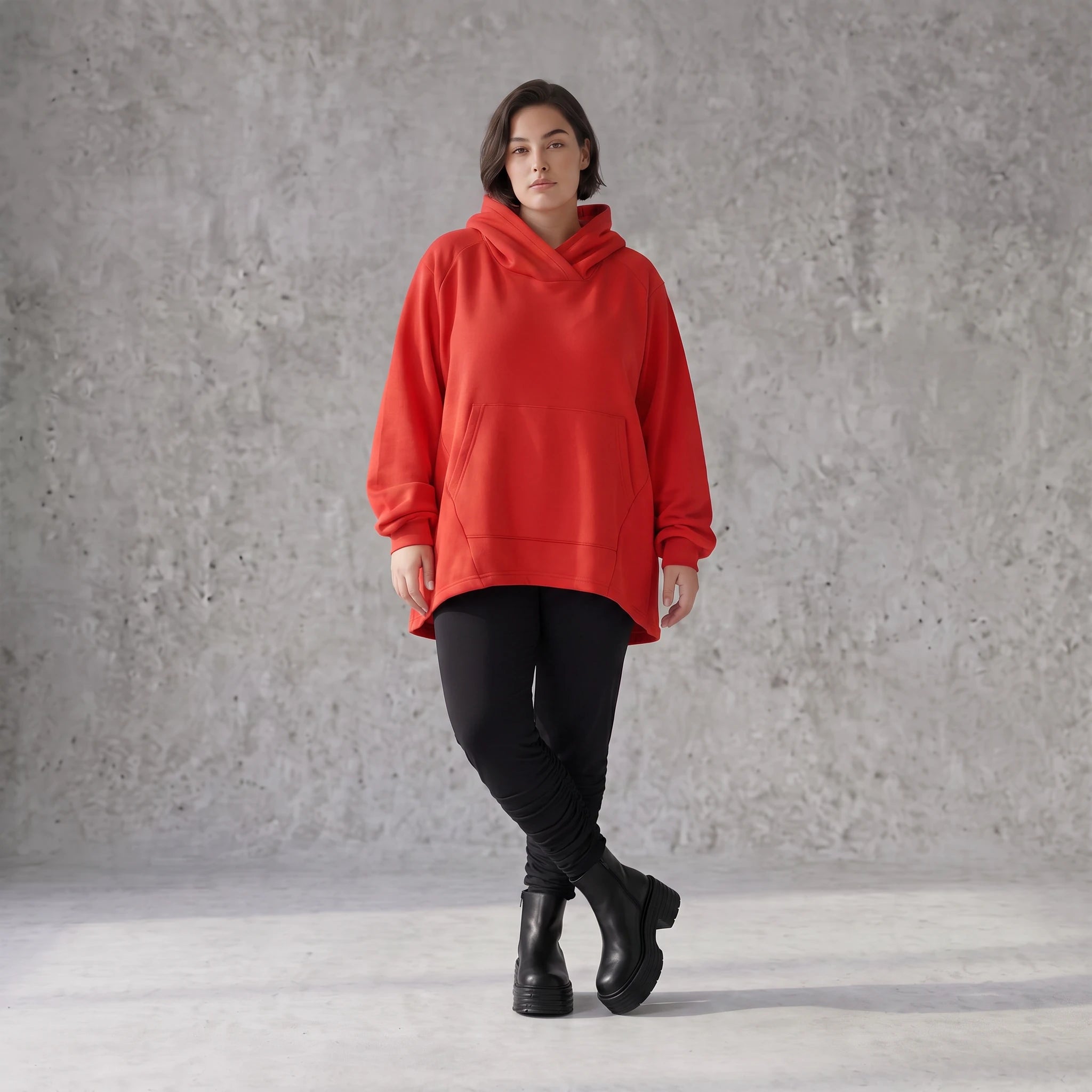 Damen Hoody Avantgarde Baumwolle Rot, gerundeter Schnitt, 7/8-Arm, Kapuze, Oversize große Größen – Rafay