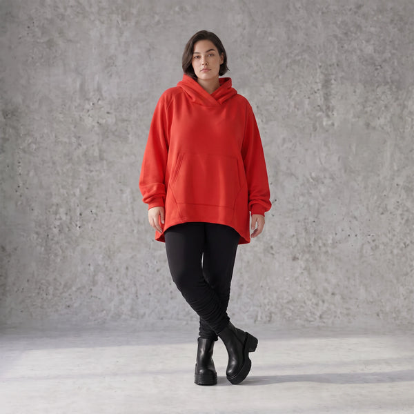 Damen Hoody Avantgarde Baumwolle Rot, gerundeter Schnitt, 7/8-Arm, Kapuze, Oversize große Größen – Rafay