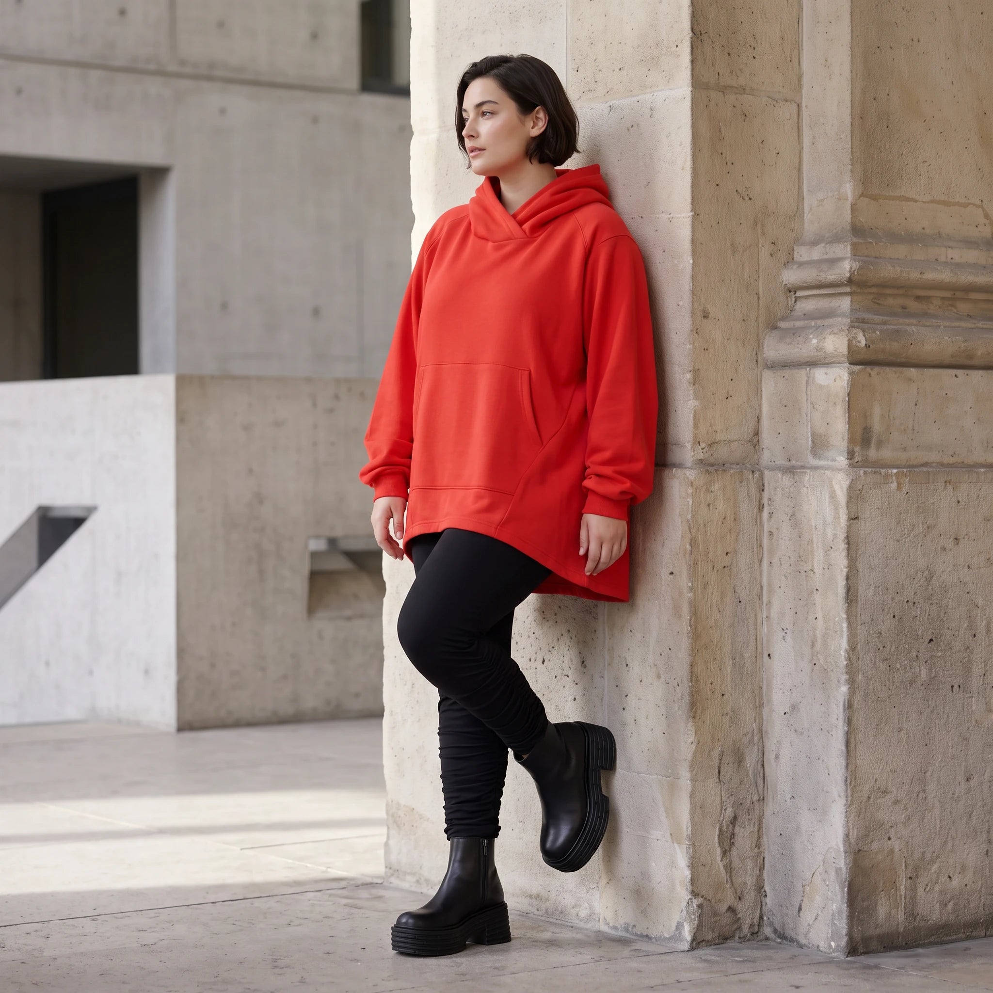 Damen Hoody Avantgarde Baumwolle Rot, gerundeter Schnitt, 7/8-Arm, Kapuze, Oversize große Größen – Rafay