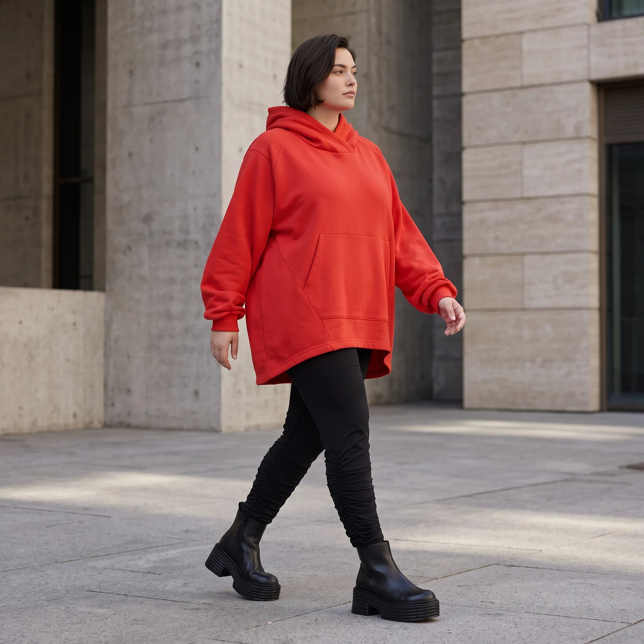 Damen Hoody Avantgarde Baumwolle Rot, gerundeter Schnitt, 7/8-Arm, Kapuze, Oversize große Größen – Rafay