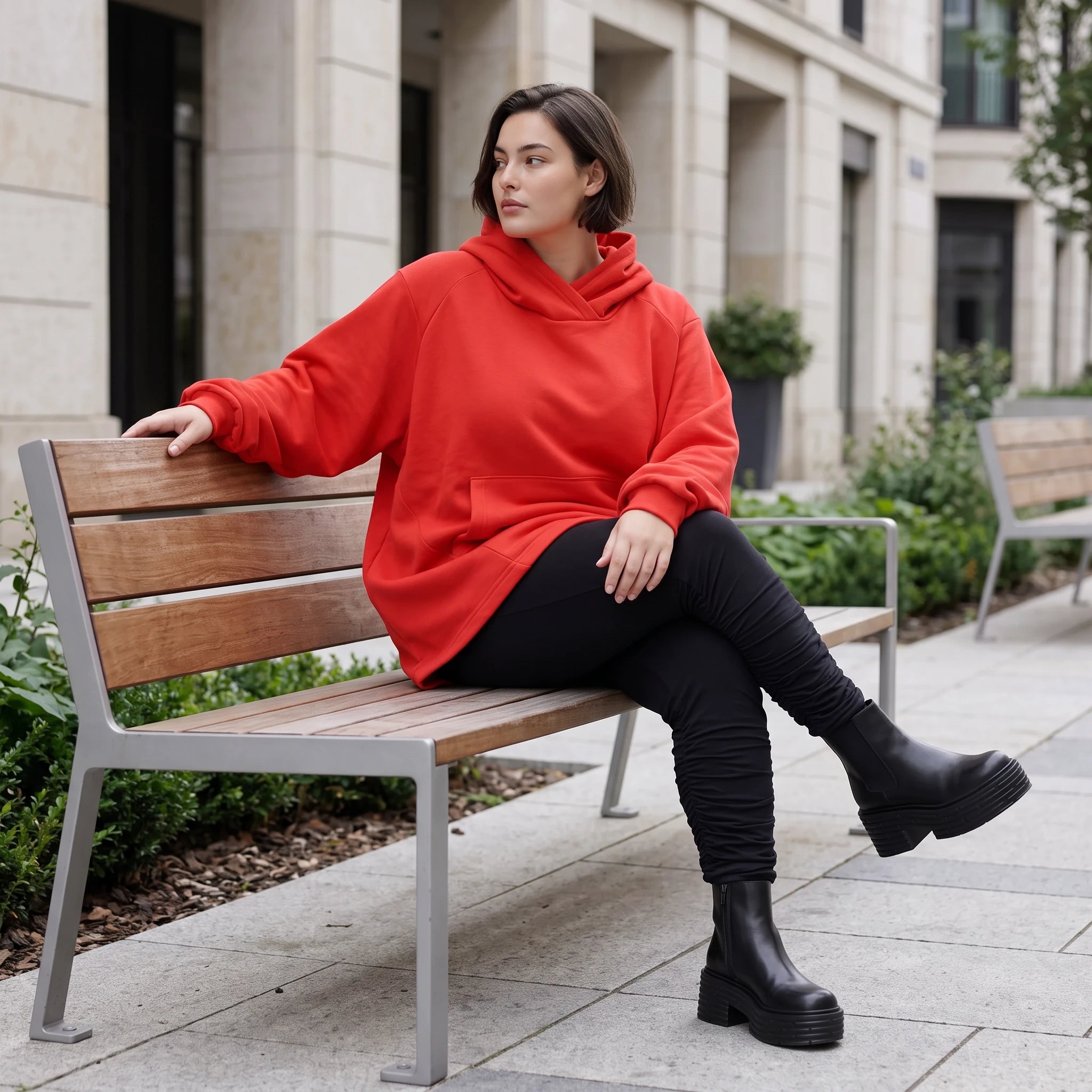 Damen Hoody Avantgarde Baumwolle Rot, gerundeter Schnitt, 7/8-Arm, Kapuze, Oversize große Größen – Rafay