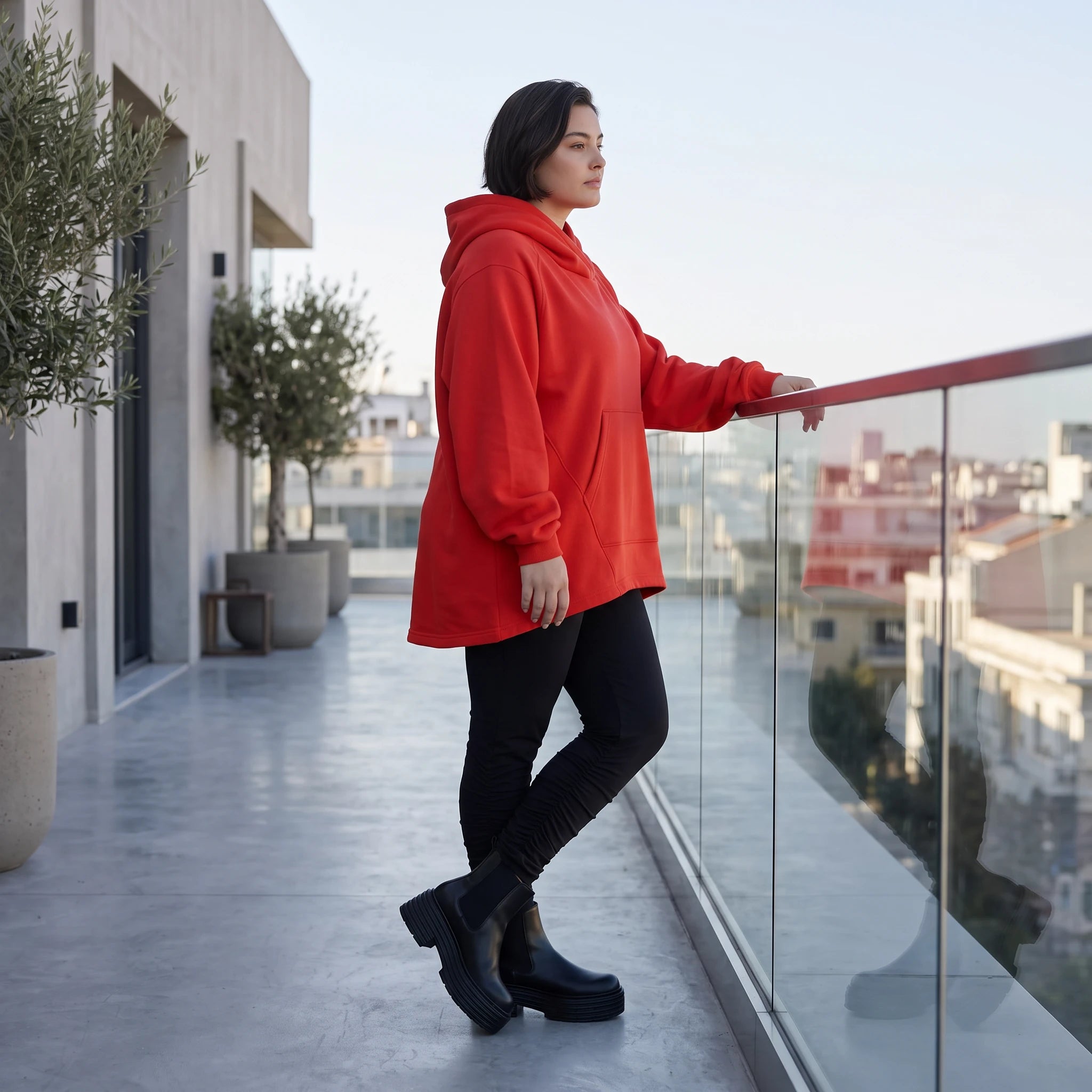 Damen Hoody Avantgarde Baumwolle Rot, gerundeter Schnitt, 7/8-Arm, Kapuze, Oversize große Größen – Rafay