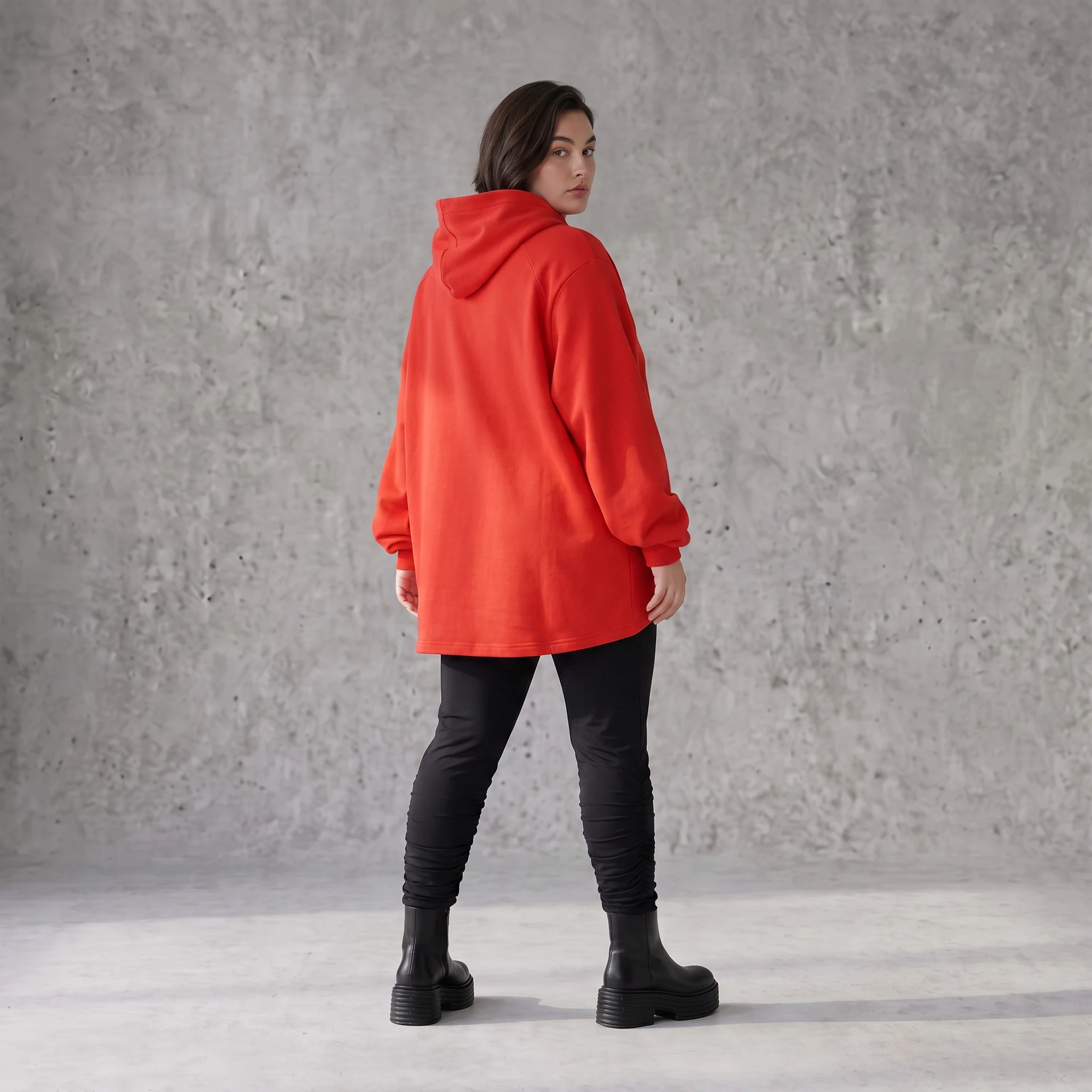 Roter Kapuzenhoody aus Baumwolle mit Kängurutasche in gerundeter Form und 7/8-Arm Basic