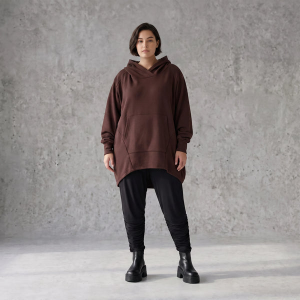 Damen Hoody Avantgarde Baumwolle Schokobraun, gerundeter Schnitt, 7/8-Arm, Kapuze, Oversize große Größen – Rafay
