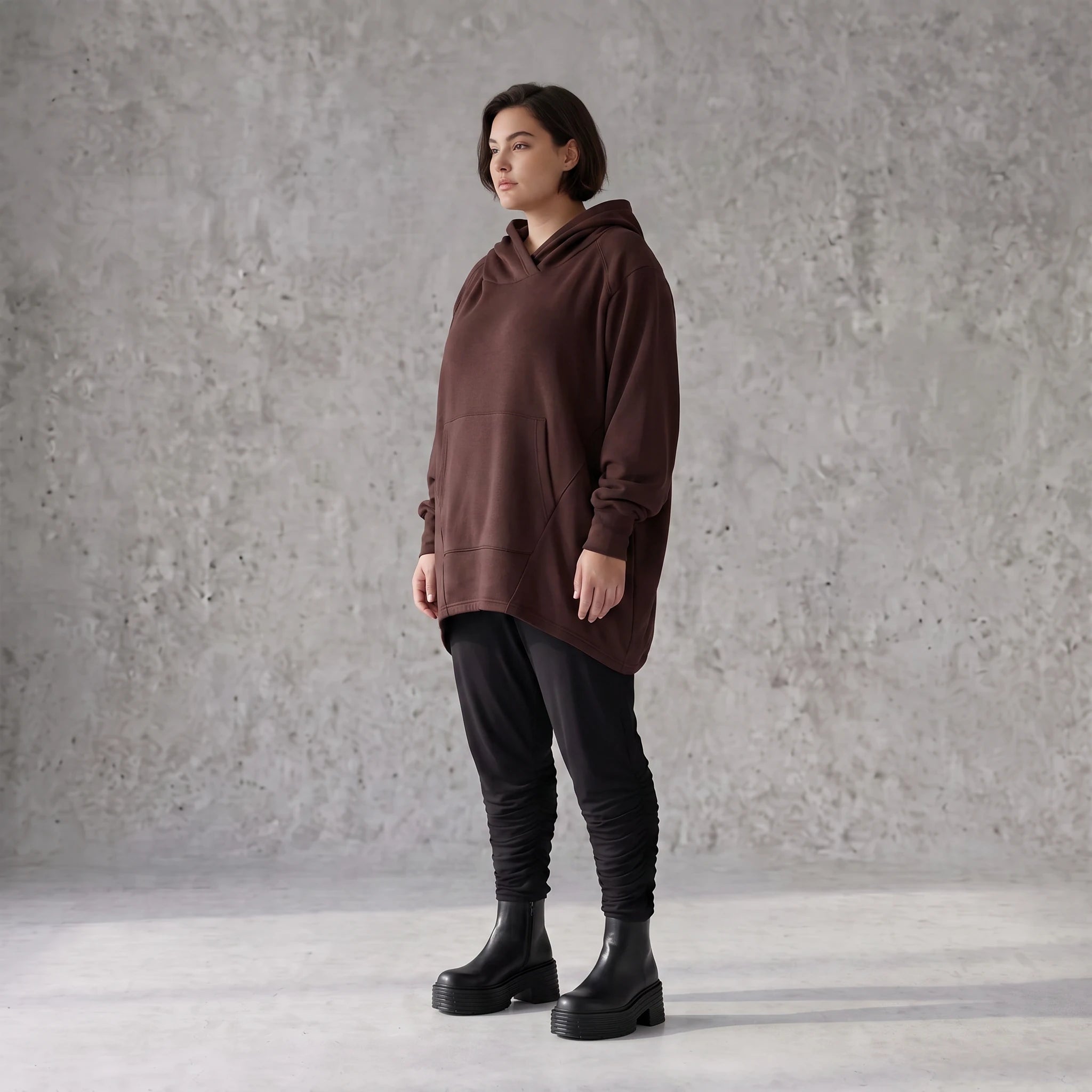 Damen Hoody Avantgarde Baumwolle Schokobraun, gerundeter Schnitt, 7/8-Arm, Kapuze, Oversize große Größen – Rafay