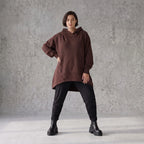 Damen Hoody Avantgarde Baumwolle Schokobraun, gerundeter Schnitt, 7/8-Arm, Kapuze, Oversize große Größen – Rafay