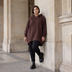 Damen Hoody Avantgarde Baumwolle Schokobraun, gerundeter Schnitt, 7/8-Arm, Kapuze, Oversize große Größen – Rafay
