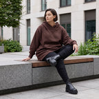 Damen Hoody Avantgarde Baumwolle Schokobraun, gerundeter Schnitt, 7/8-Arm, Kapuze, Oversize große Größen – Rafay