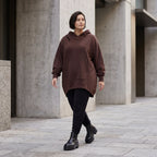 Damen Hoody Avantgarde Baumwolle Schokobraun, gerundeter Schnitt, 7/8-Arm, Kapuze, Oversize große Größen – Rafay