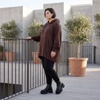 Damen Hoody Avantgarde Baumwolle Schokobraun, gerundeter Schnitt, 7/8-Arm, Kapuze, Oversize große Größen – Rafay