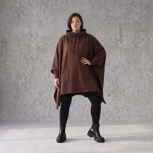 Damen Poncho Avantgarde Baumwolle Schokobraun, kastiger Schnitt, Kapuze, Oversize große Größen – Rafay